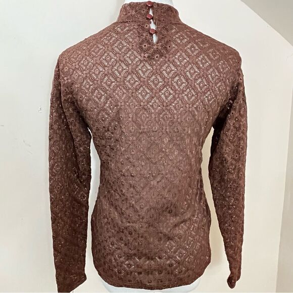 Manuela Semi Sheer Brown Lace/ Crochet Mock Neck Long Sleeve Top S - Picture 3 of 10